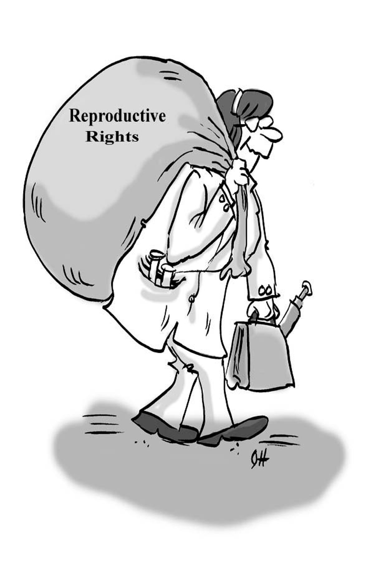 Cartoon of lady walking to work holding giant bag over shoulder carried reproductive rights