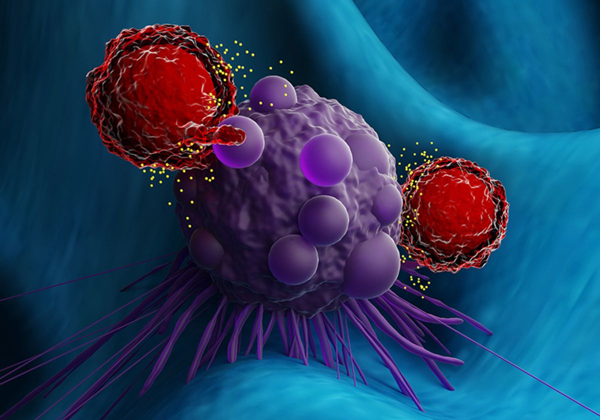 Engineered T cells attacking a cancer cell