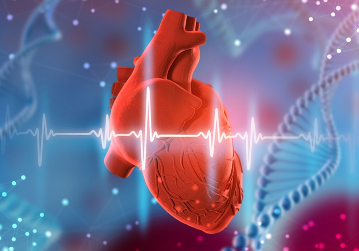 A 3D medical illustration of a human heart with a cardiogram in the foreground and a blue background that includes DNA helices.