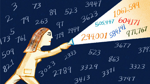 cartoon of a red-headed woman holding a flashlight that illuminates certain numbers against a dark blue background