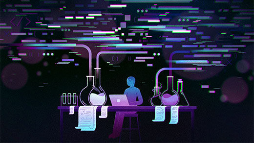 Illustration of a figure working on a laptop surrounded by flasks and liquids evaporating into discrete shapes in the air.
