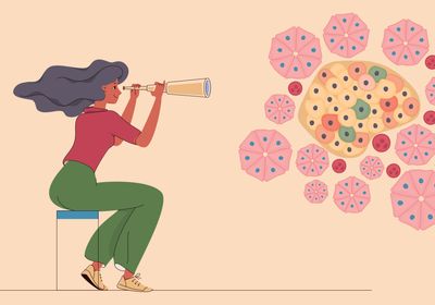 Illustration of woman looking at floating cells through a telescope
