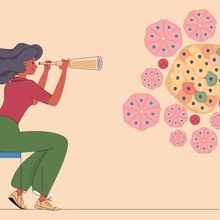 Illustration of woman looking at floating cells through a telescope