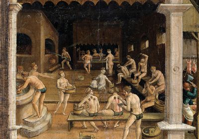 In urban bathhouses in Germany and the surrounding low countries, bathhouse proprietors, known as baders, provided visitors with basic medical care. To draw blood, baders would scratch the skin before placing a heated cupping glass over the incision to extract blood and purge the body. Other tools associated with baders, including dental forceps and an amputation saw, hint at further services they provided.