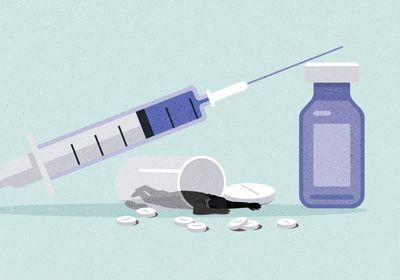 Illustration of a syringe with a person falling out of a bottle of pills