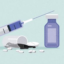 Illustration of a syringe with a person falling out of a bottle of pills