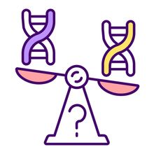 An illustration showing a scale weighing two double-stranded pieces of DNA that has a big question mark in the center.