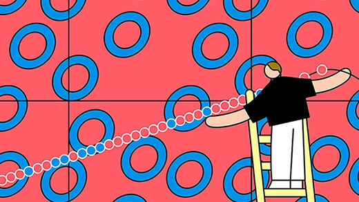 An illustration of a mathematician on a ladder stringing red and blue beads against a tiled red backdrop dotted with blue circles.