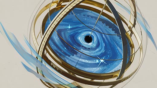 An illustration of a blue swirling galaxy inside an amillary sphere. A black hole appears in the center.