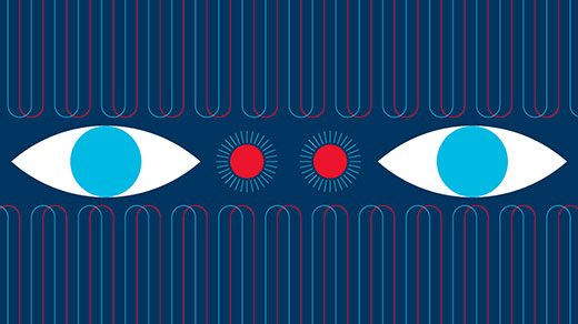 Animated illustration of flashing, moving wavelengths and strobing lights surrounding a pair of eyes.