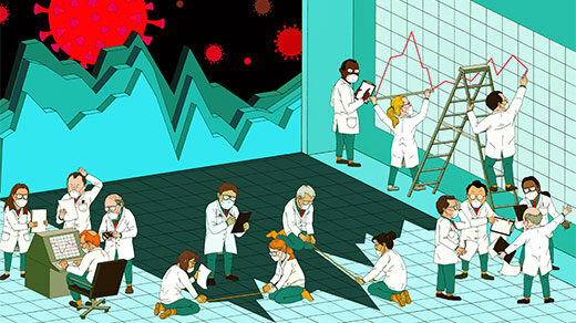 Illustration of researchers trying to reconstruct the shape of an epidemic curve from its distorted shadow on the floor.