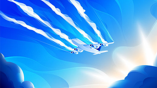 An illustration of an airplane with its contrails coming out in front of it.