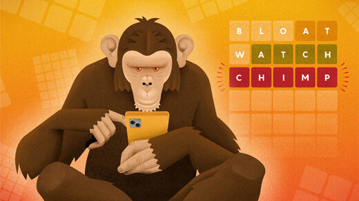A brown chimpanzee is playing on a yellow smartphone. Three Wordle blocks are above his head, reading 'Bloat," "Watch," and "Chimp"