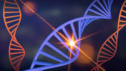 A DNA double helix being struck by a cosmic ray.