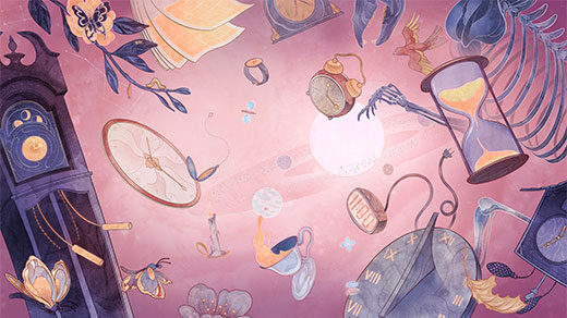 Illustration of various kinds of clocks floating against a pink background.