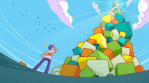 An illustration of a mathematician staring up at an infinite pile of cubes of varying sizes and colors.
