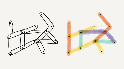 Side-by-side illustrations of the same linear hypergraph. The edges of the hypergraph are colored in the illustration on the right, but not in the illustration on the left.