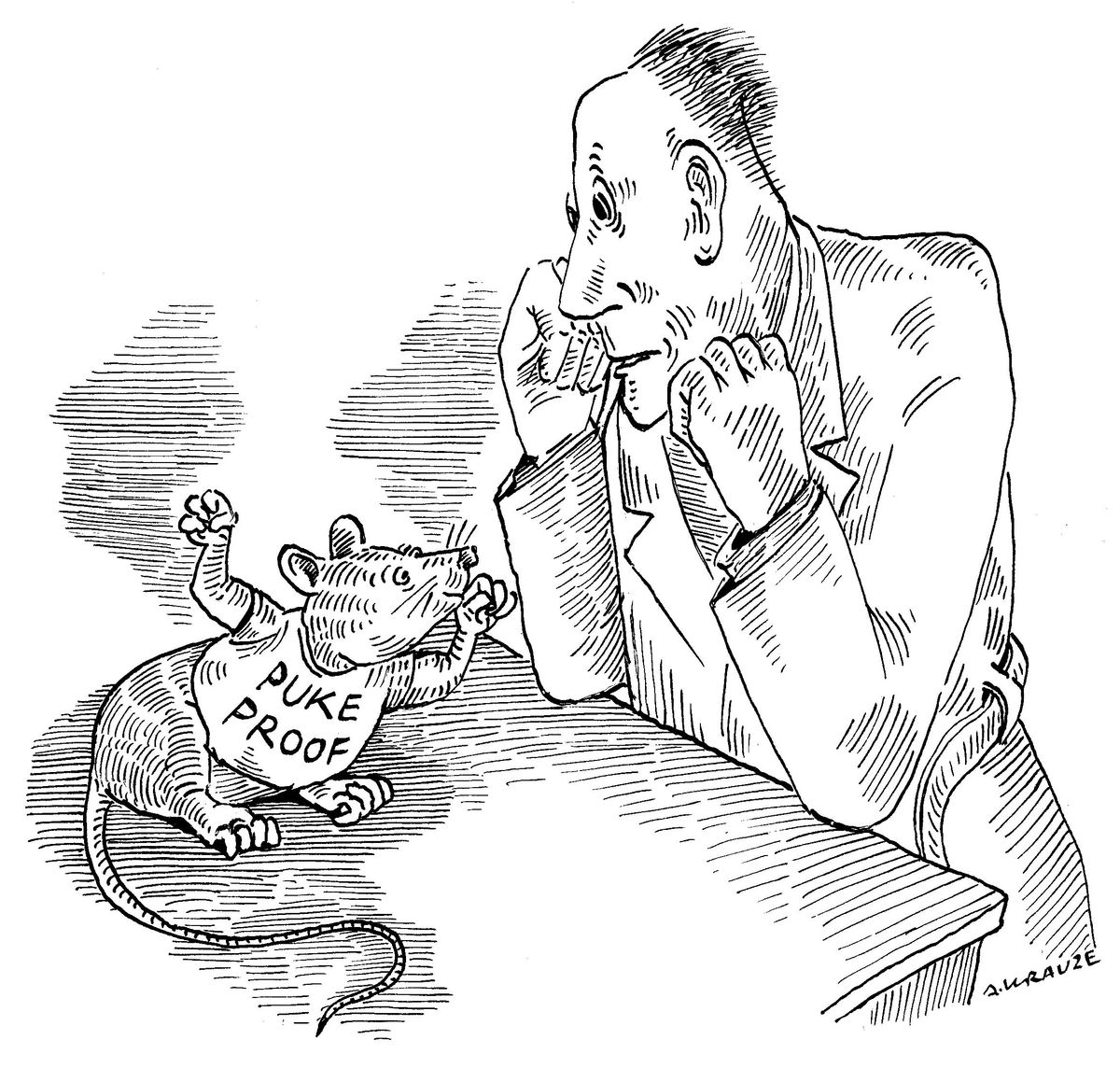 Illustration of a scientist looking at a mouse with a puke proof shirt on