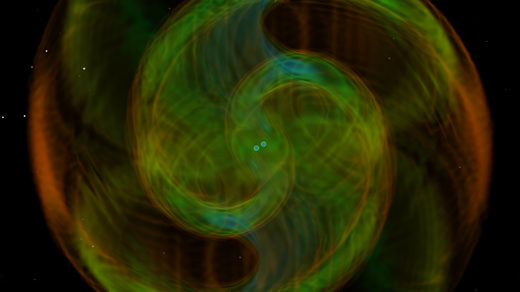Computer simulation of gravitational waves produced by a binary neutron star merger.