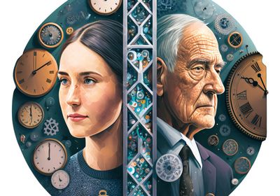 The face of a young woman and the face of an old man surrounded by mechanical clocks.