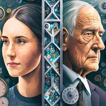 The face of a young woman and the face of an old man surrounded by mechanical clocks.