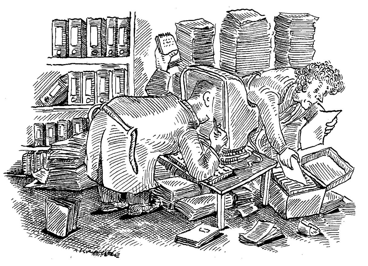 Cartoon of people searching for data through books and a computer screen.