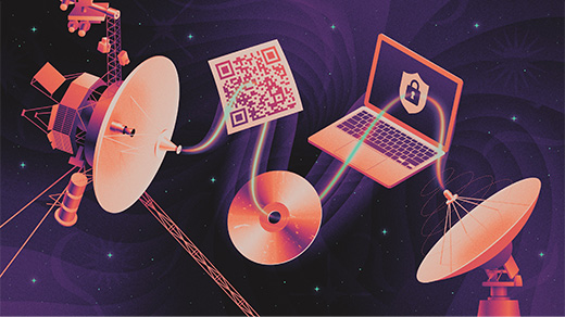 A spacecraft, laptop, QR code and CD