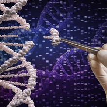 A gloved hand holds a tweezer and pulls a section of DNA away from a double helix