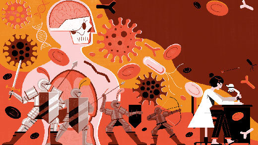 Artist’s illustration representing the immune system standing guard against a world of pathogens.