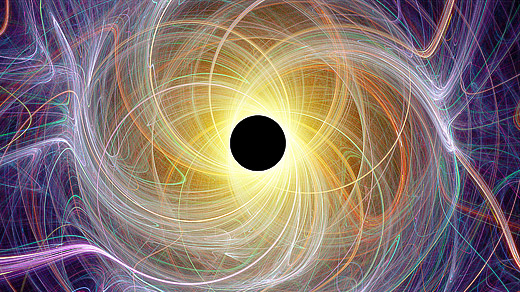 An illustration with a black disc in the middle evoking a black hole.
