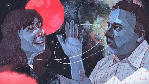 An illustration of the cosmologists Wendy Freedman and Adam Riess debating the expansion rate of the universe at a recent meeting at the Kavli Institute for Theoretical Physics in Santa Barbara, California.