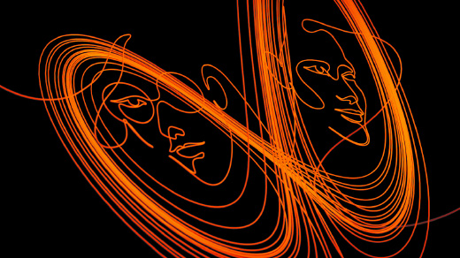 Animated line drawing of Margaret Hamilton, Ellen Fetter, and a Lorenz attractor