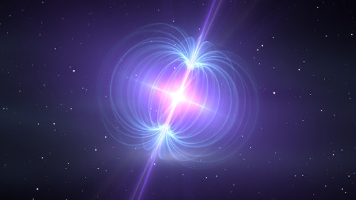 Illustration of a magnetar with blue magnetic field lines.
