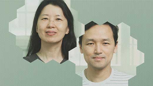 A photo illustration of Jie Shan and Kin Fai Mak’s faces overlaid with hexagonal grids.