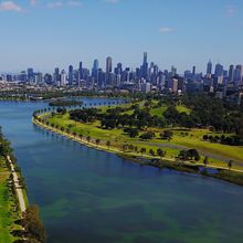 the Melbourne skyline with lake in foreground