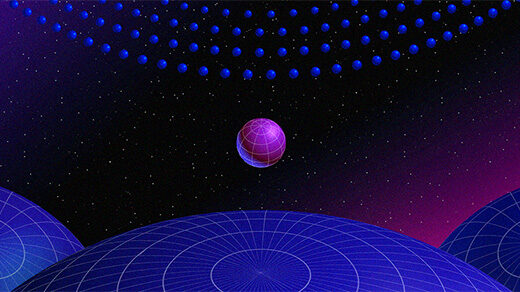 Spheres representing black holes, with small ones on top, large ones on the bottom, and one midsize example in the middle.