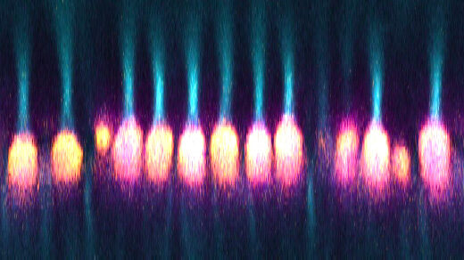 Simulated microscopy image of light shining through mitochondrial bundles and emerging as tight beams.