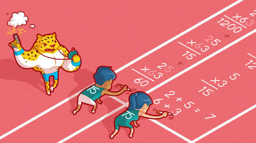 Two competitors are racing to solve the multiplication problem 25 times 63 in two separate lanes of a running track. One competitor is using the standard multiplication algorithm while the other is using Karatsuba method.