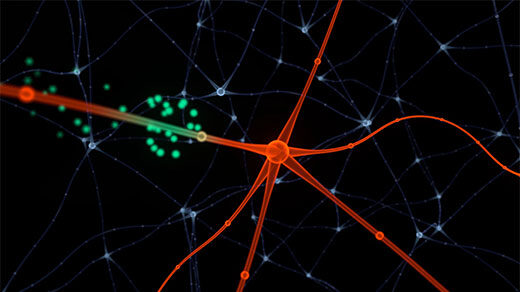 Animation of a neuron that periodically alters its responses to stimuli when it is reset into a new state by another input.