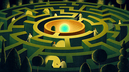 Illustration of labyrinth with a large sphere representing the neutrino at center. People with flashlights explore the paths.