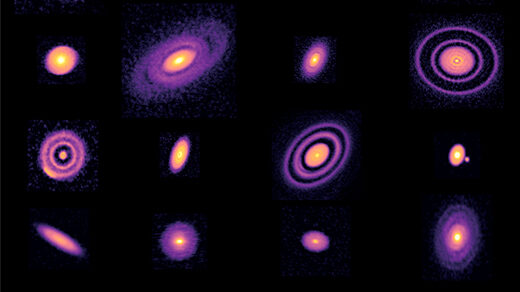 An array of images of protoplanetary disks with bright suns at the centers surrounded by rings, arcs, filaments and spirals.]
