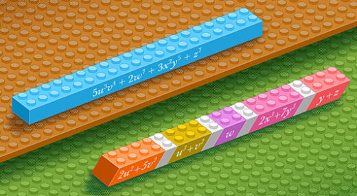 An image with Lego blocks representing polynomials and their factors.