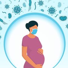 An illustration of a pregnant women wearing a mask, surrounded by microbes