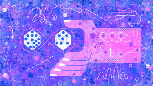 An illustration of a pink hand reaching for quantum dice.