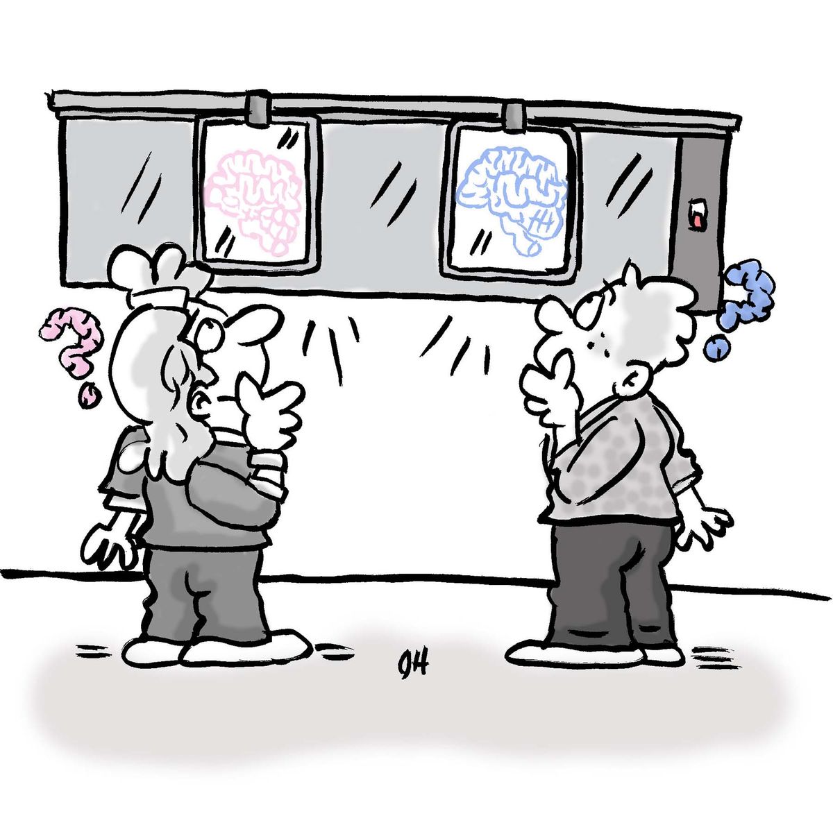 Illustration of male and female looking at pictures of their brains