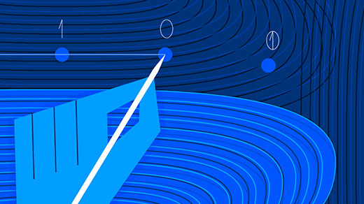 Animated illustration of a hand emerging from a black hole, while drawing the black hole by connecting dots flashing 0 and 1.