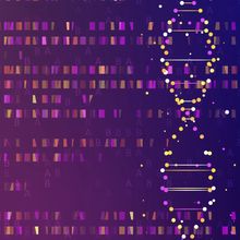 Illustration of DNA double helix with purple background.