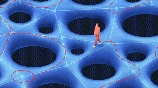 An illustration of a person walking across a surface with many holes.