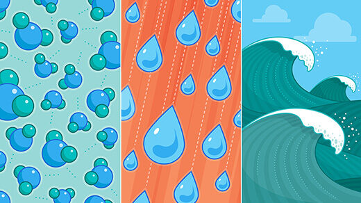 water molecules, droplets and a wave