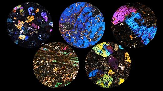 A mosaic of five microscope images of igneous rocks. The rocks are dappled with blue, pink, orange and multicolor inclusions.